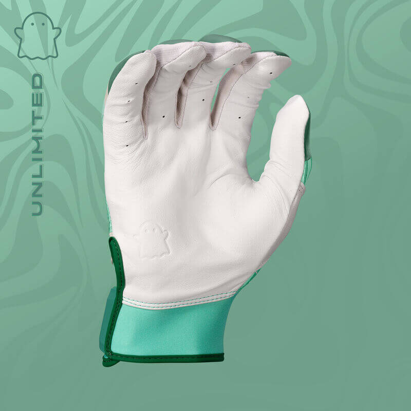 Palm view of Womens Ghost Ethos Unlimited Fastpitch Batting Gloves showing goatskin leather and teal accents.