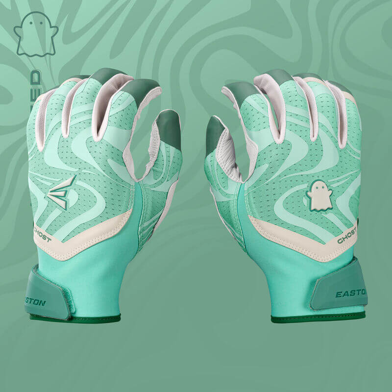 Backhand view of teal Women's Ghost Ethos Unlimited Fastpitch Batting Gloves showcasing logo and breathable mesh design.
