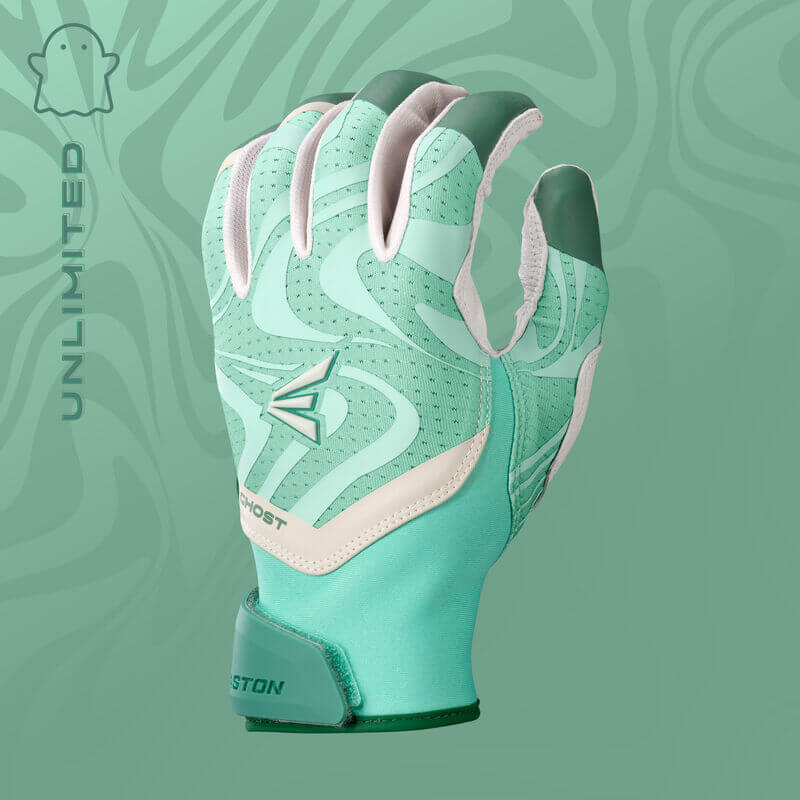 Womens Ghost Ethos Unlimited Fastpitch Batting Gloves backhand view, size medium, mint green color with white accents and logo.