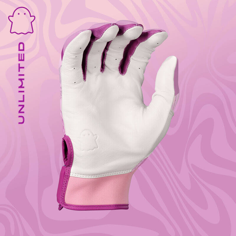Womens Ghost Ethos Unlimited Fastpitch Batting Gloves palm view, white leather with pink accents and ghost logo.