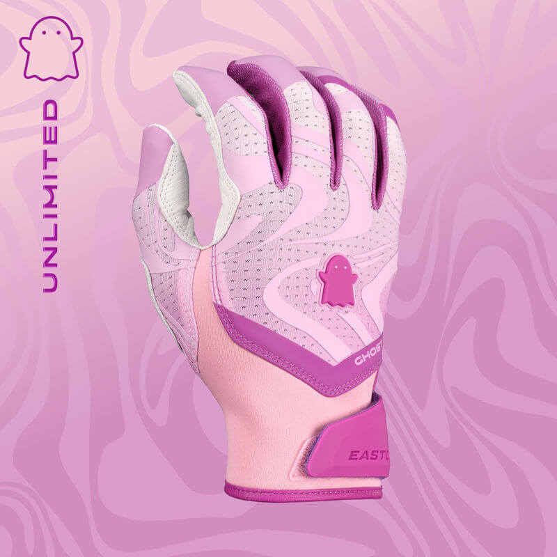 Backhand view of Womens Ghost Ethos Unlimited Fastpitch Batting Gloves in pink with ghost graphics and breathable air mesh.