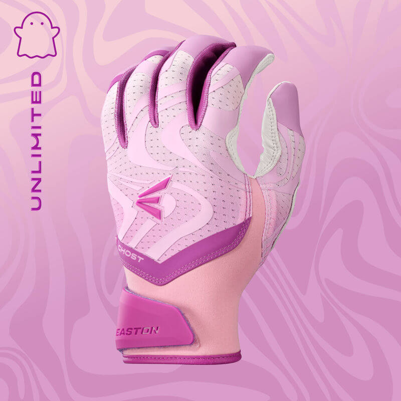 Womens Ghost Ethos Unlimited Fastpitch Batting Gloves backhand view, pink with Easton logo, Structured-Flex silicone overlays.