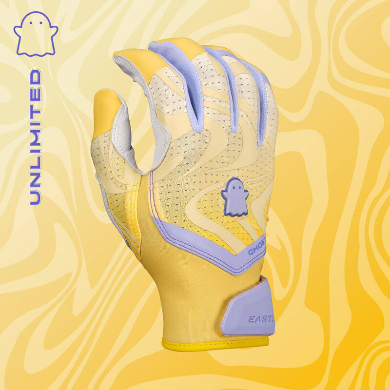 Backhand view of Womens Ghost Ethos Unlimited Fastpitch Batting Gloves in yellow and purple with ghost logo.