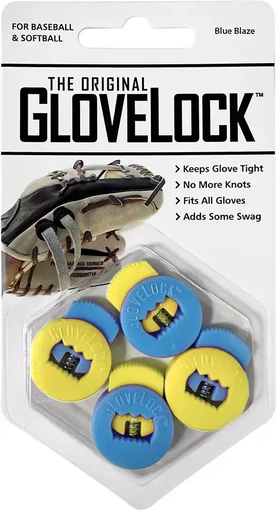 All-Star Glovelocks 4 Pack Lace Clips Limited Edition in blue and yellow, front packaging view with glove illustration.