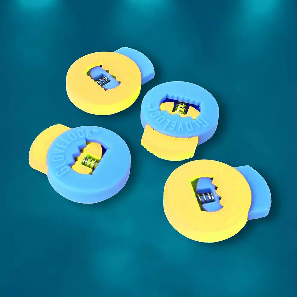 All-Star Glovelocks 4 Pack Lace Clips Limited Edition in blue and yellow, top view with visible locking mechanism.