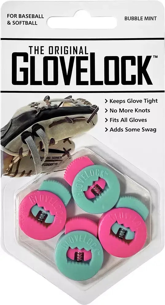 All-Star Glovelocks 4 Pack Lace Clips Limited Edition in pink and green, visible in packaging with glove image and features listed.