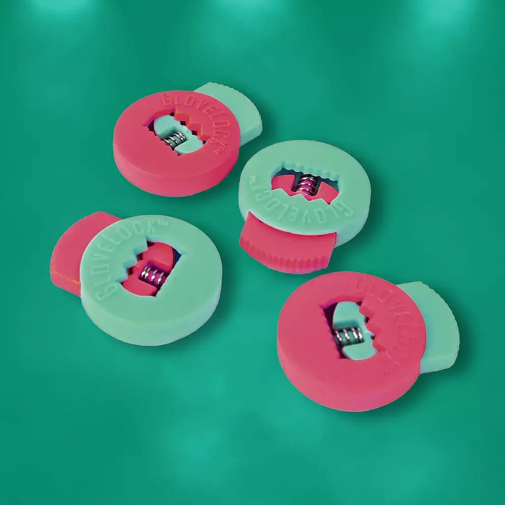 All-Star Glovelocks 4 Pack Lace Clips Limited Edition in red and green, showing spring mechanism on green background.