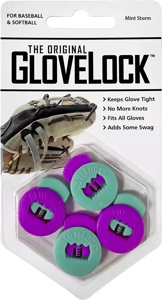 All-Star Glovelocks 4 Pack Lace Clips Limited Edition shown in mint and purple inside packaging with glove image and features listed.