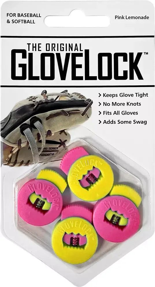 All-Star Glovelocks 4 Pack Lace Clips Limited Edition in pink and yellow packaging, keeps glove tight.