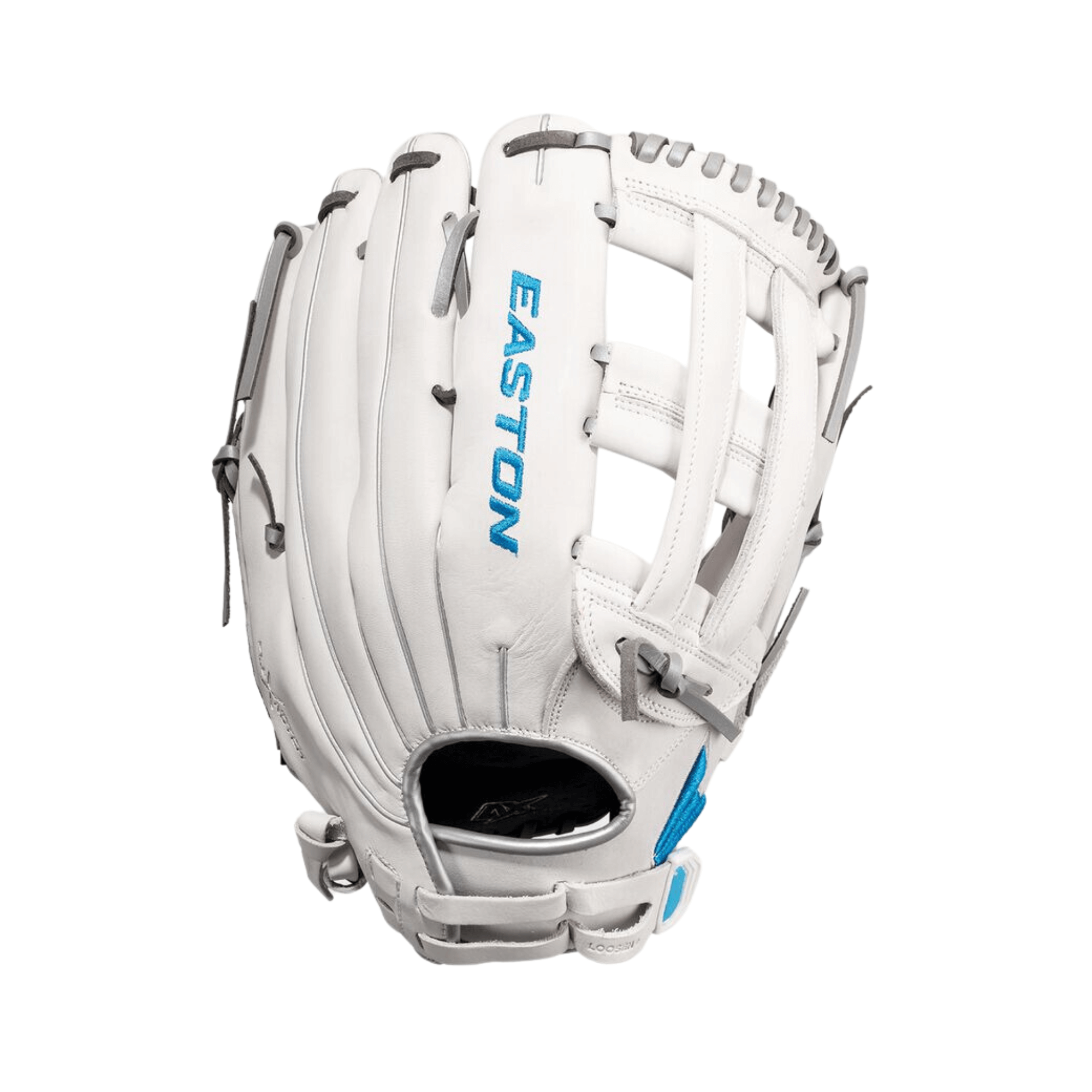 Easton Ghost NX FP Series 12.75" Fastpitch Softball Glove in white with blue logo, designed for elite performance.