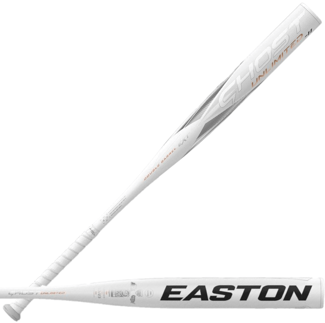 Easton Ghost Unlimited -11 fastpitch softball bat showcasing a sleek white design with Sonic Comp Max technology.