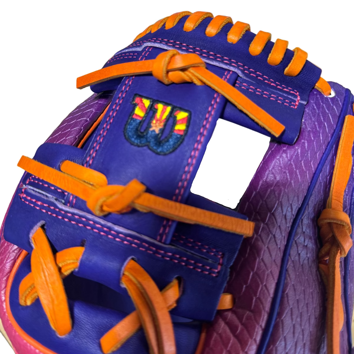 Wilson A2000 1786 Arizona Sunset H-Web detail showing strong stitching and pocket structure.