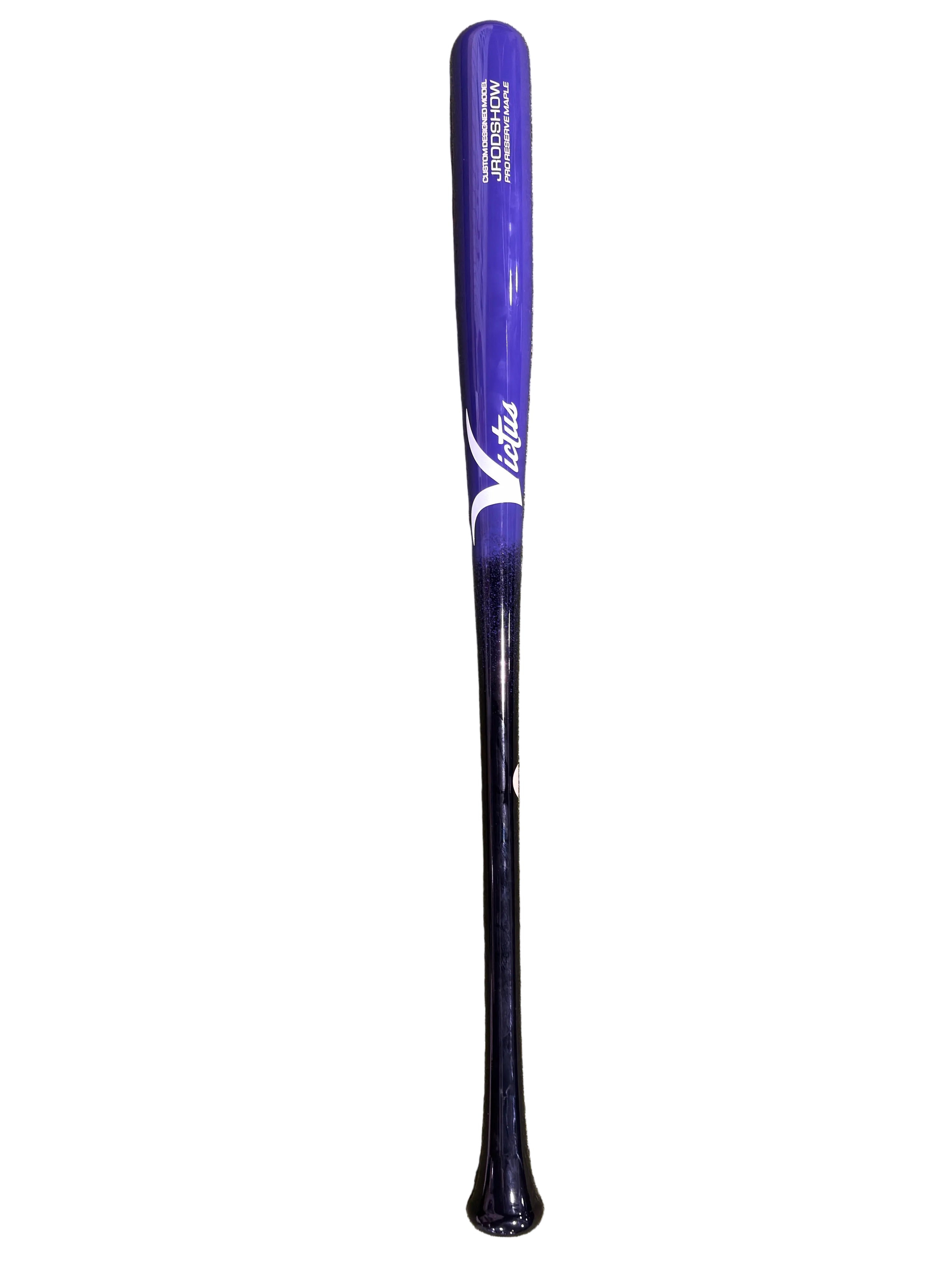 Victus JRODSHOW Pro Reserve wood bat standing upright showing flared knob and purple barrel