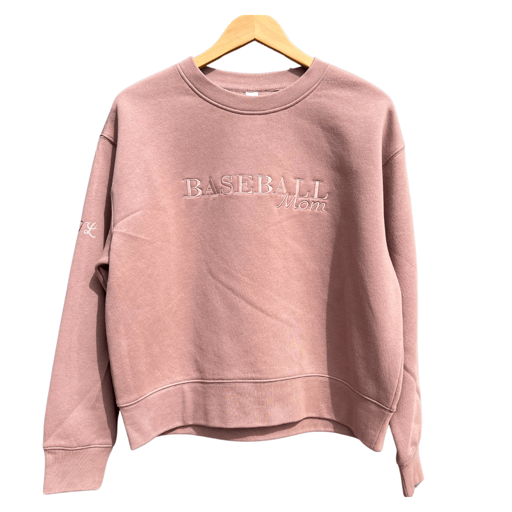 Pink Baseball Mom Crew sweatshirt with classic crew neckline and long sleeves, perfect for game day style and comfort.
