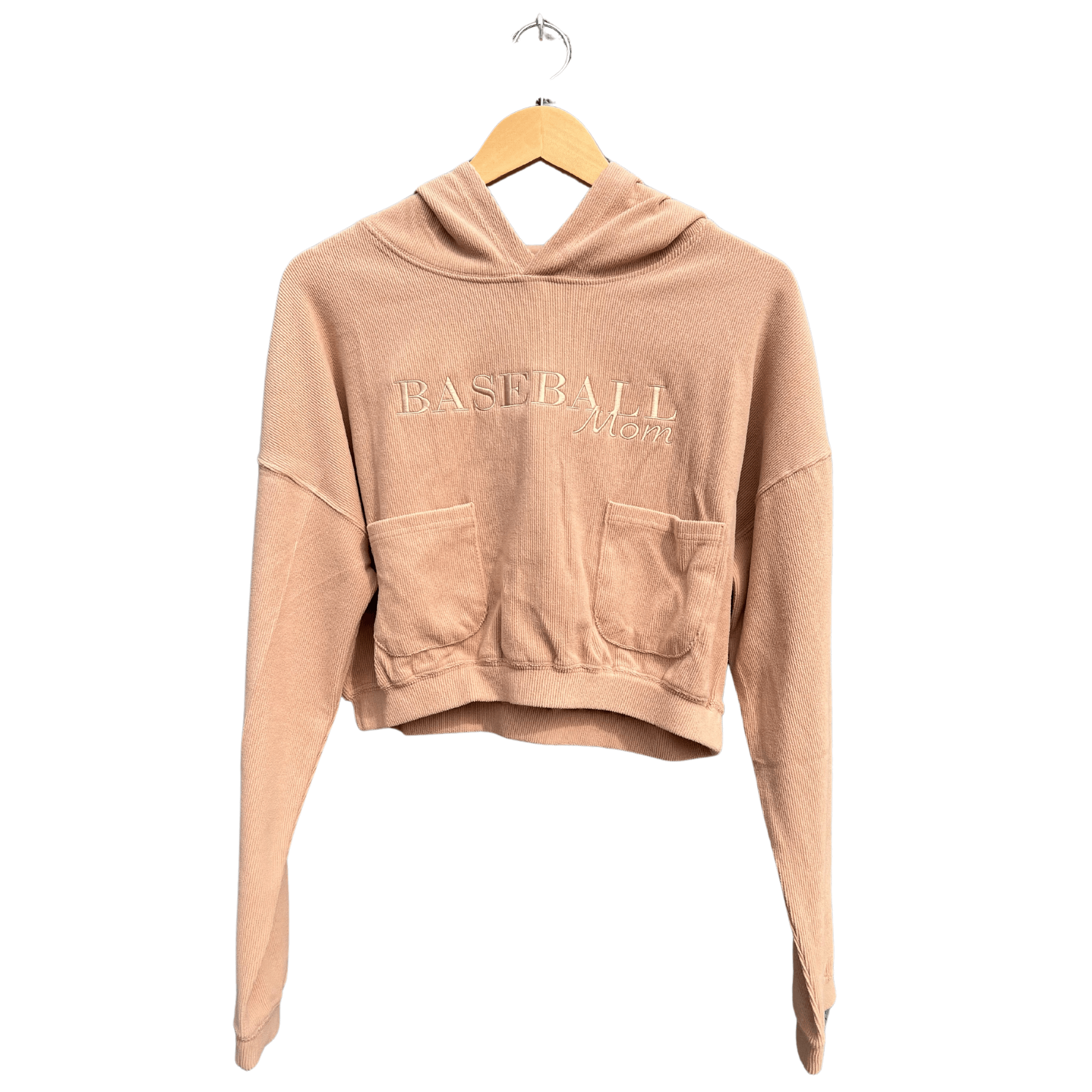 Baseball Mom Hoodie Cutoff in soft beige, featuring two front pockets, perfect for stylish game day wear.