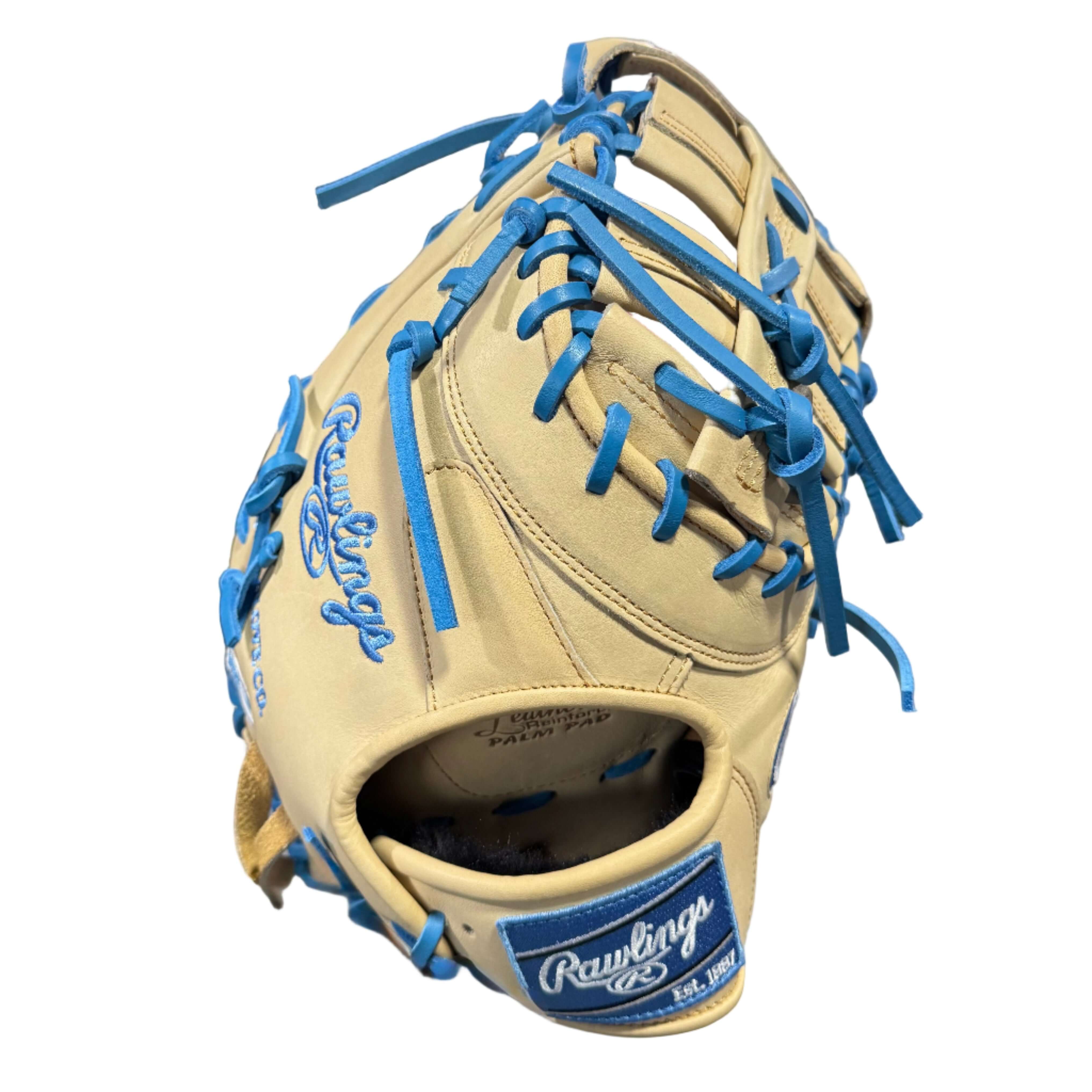 Backhand view of Rawlings Heart of The Hide Custom 13" Baseball First Base Mitt - DCT Pattern - Blue Dune with blue lacing.