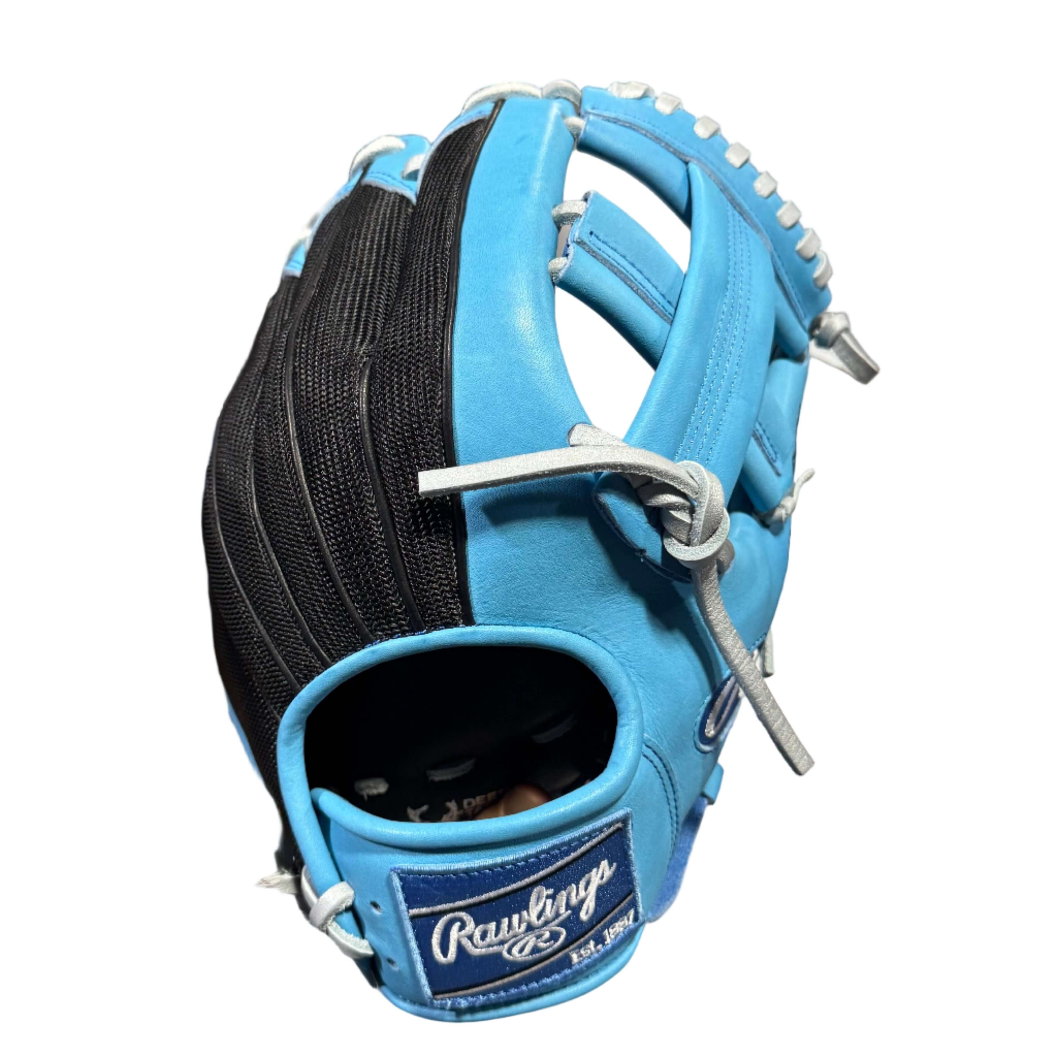Rawlings Heart of The Hide Custom PRO205FSM 11.75" Frostbite backhand view, featuring black and blue color with I-web and white lacing.