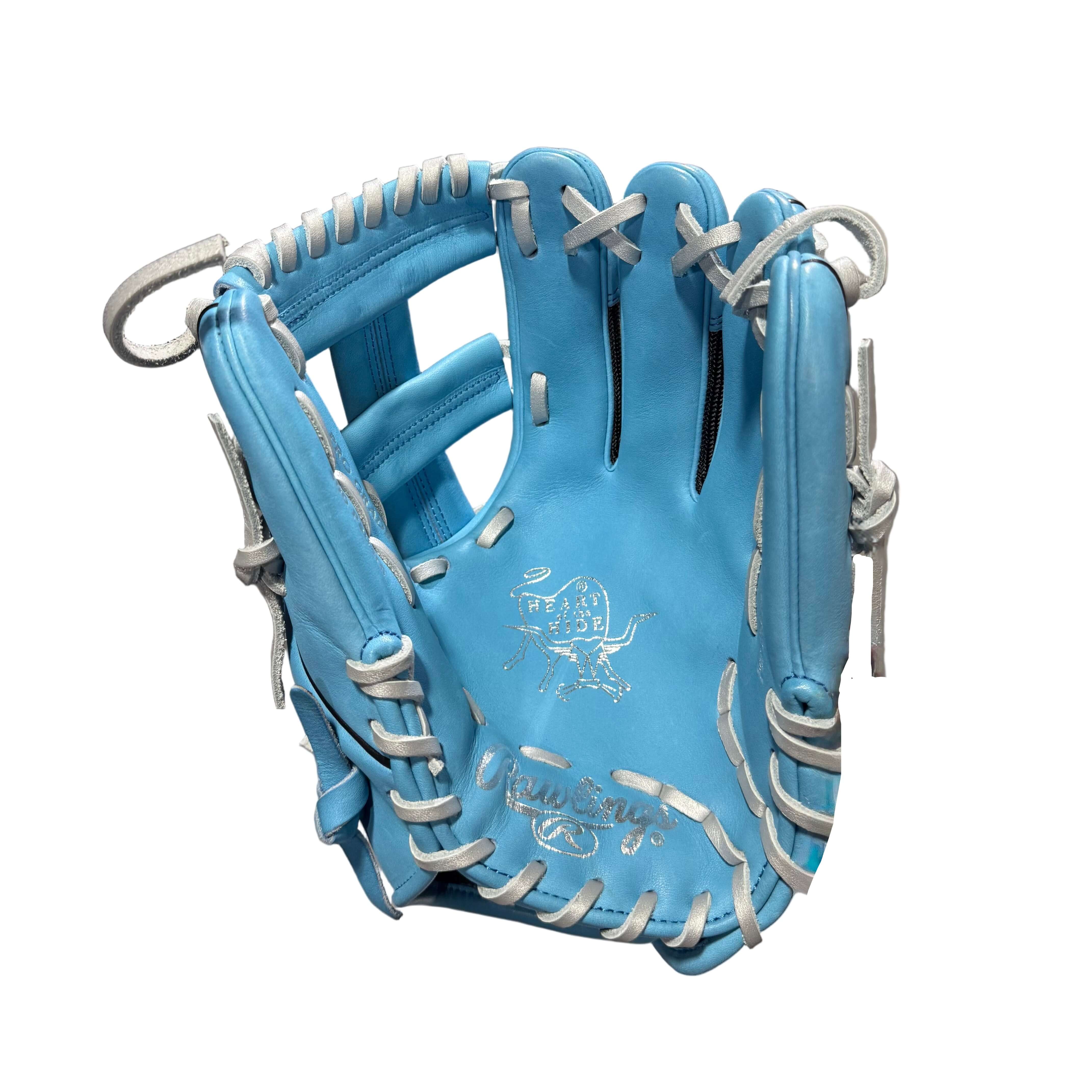 Rawlings Heart of The Hide Custom PRO205FSM 11.75" Frostbite palm view, blue leather, white lacing, I-web design