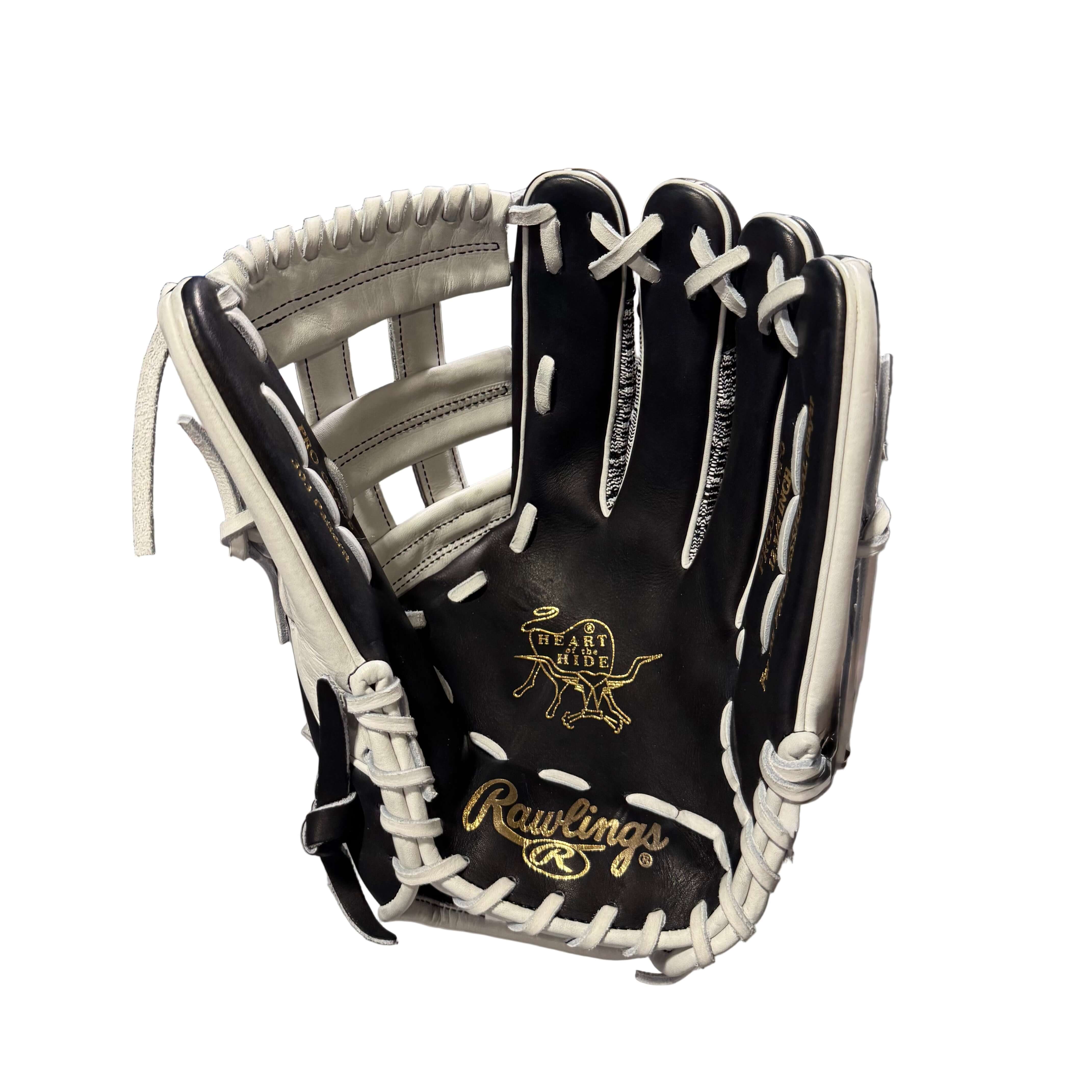 Rawlings Heart of The Hide Custom 12.75" Outfield Glove - PRO3039M - Safari, palm view, black leather with white lacing, Pro H™ web.