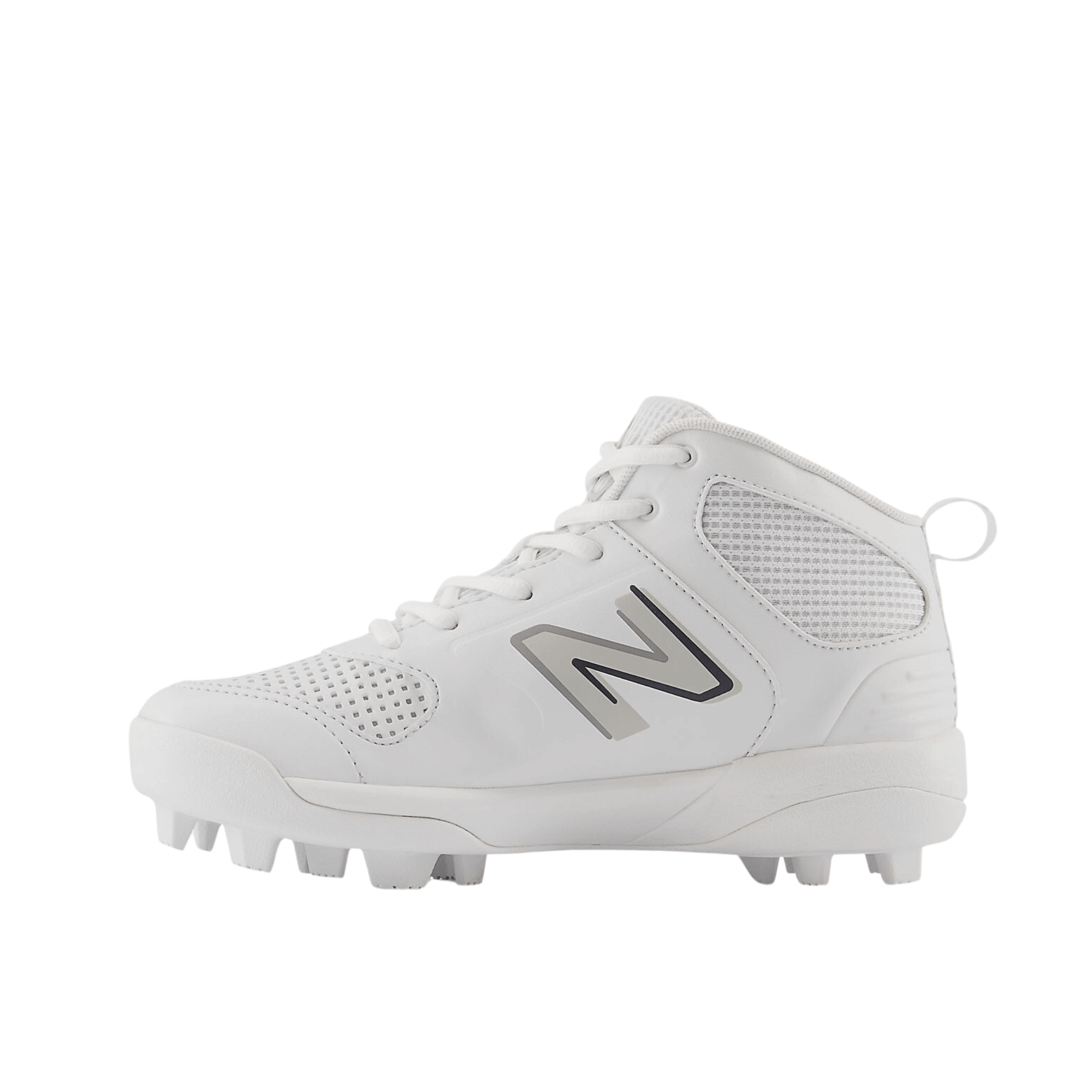 New Balance Kids' 3000 v6 rubber molded baseball cleats in white, featuring a mid-cut design and lightweight cushioning.