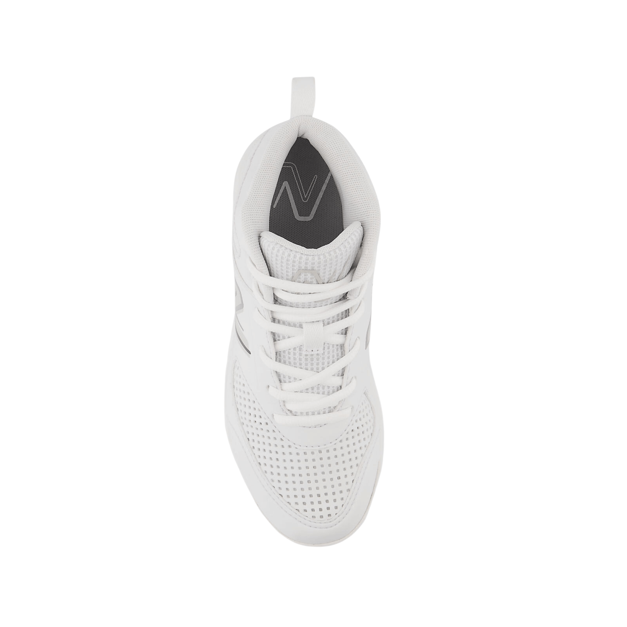 Top view of New Balance Kids' 3000 v6 baseball cleat in white, featuring breathable synthetic upper and cushioned midsole.