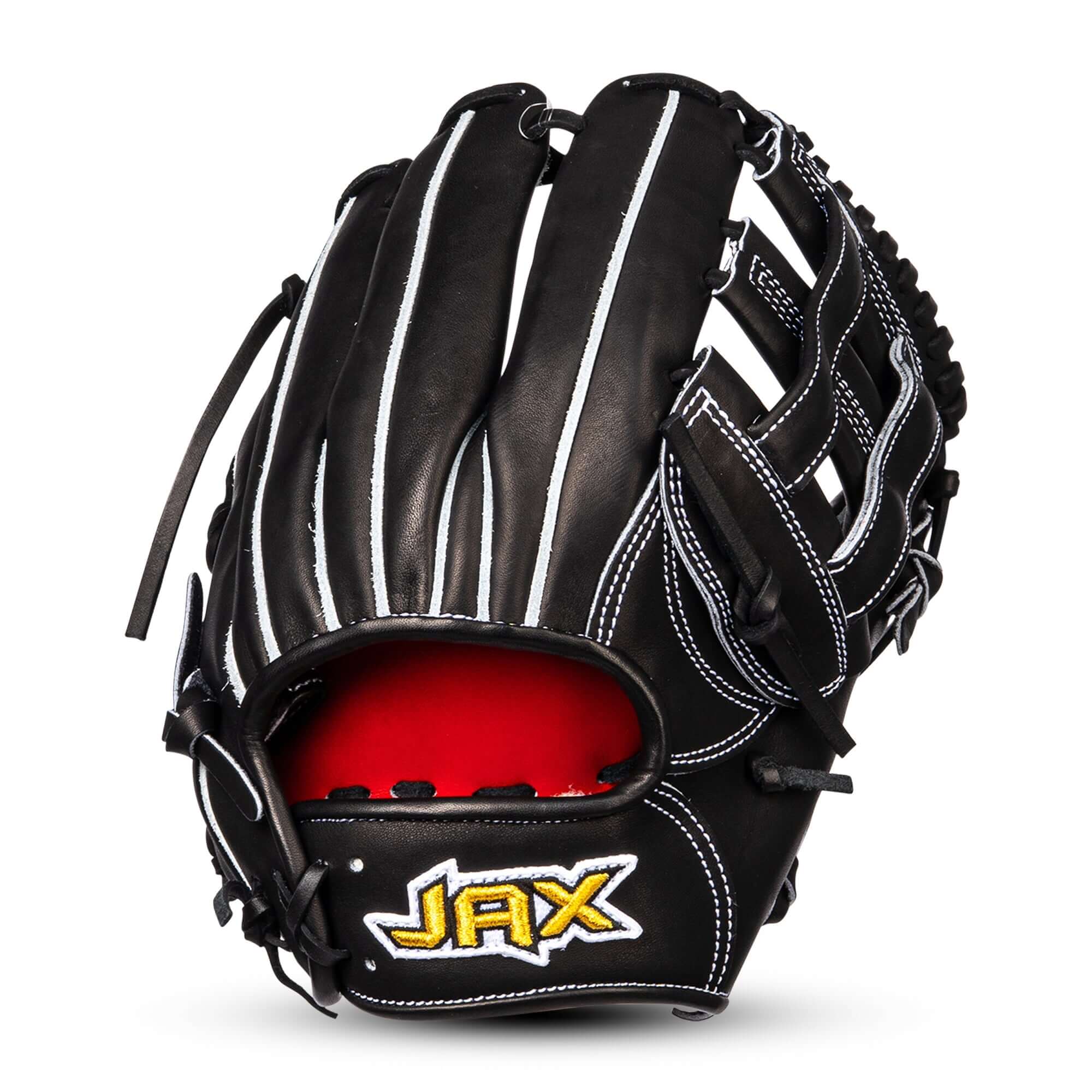 Jax DM-5 Infield Glove back view showing black steerhide leather and split gray welting.
