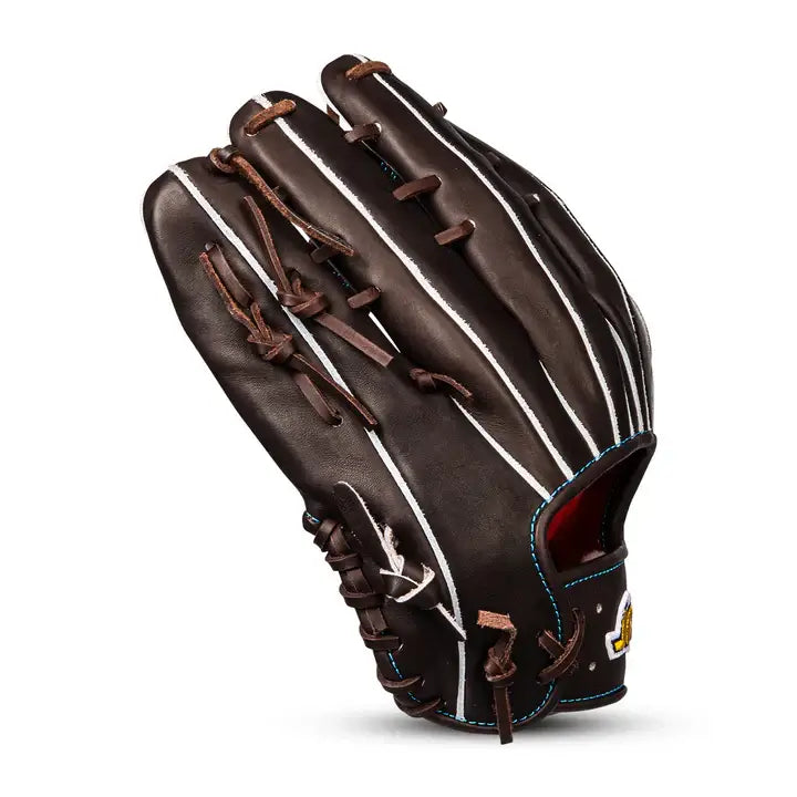 Backhand view of Jax Fielding Glove LJ-10 Outfield Chocolate H-Web 12.5" RHT, featuring chocolate leather and white stitching.