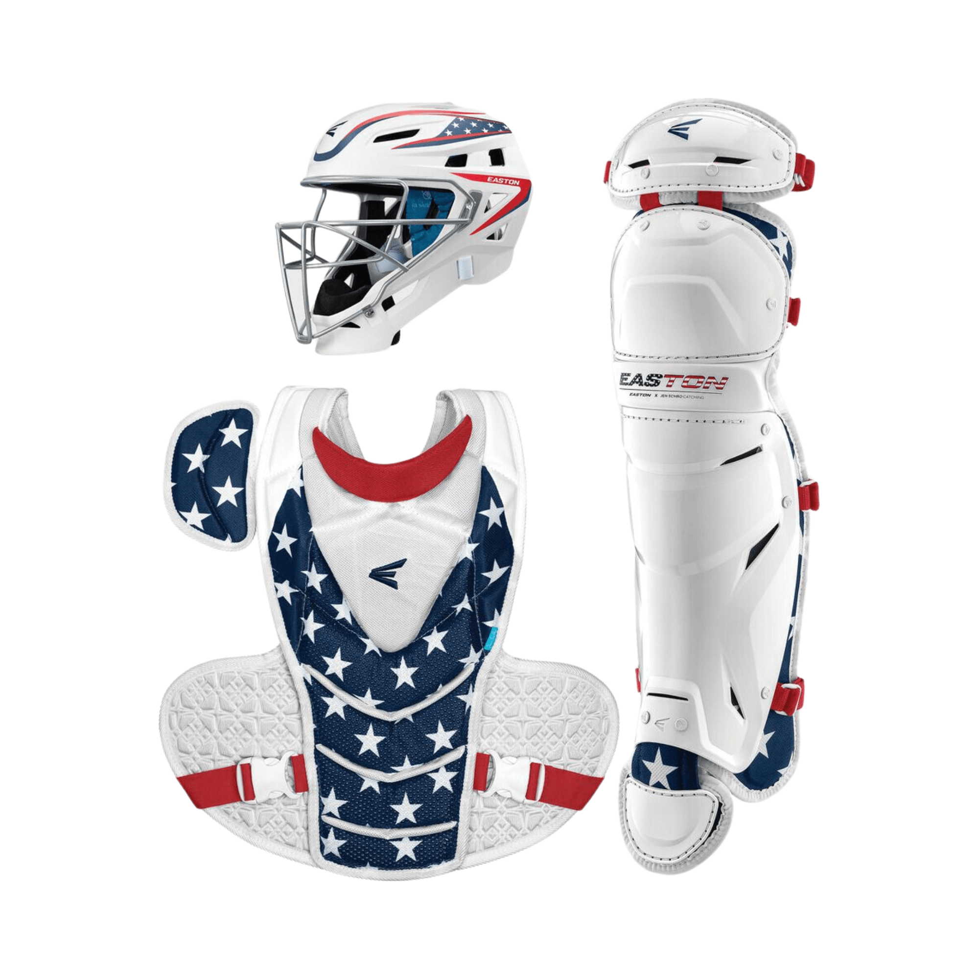 Easton Jen Schro The Very Best Box Set for fastpitch catchers featuring helmet and protective gear in red, white, and blue design.