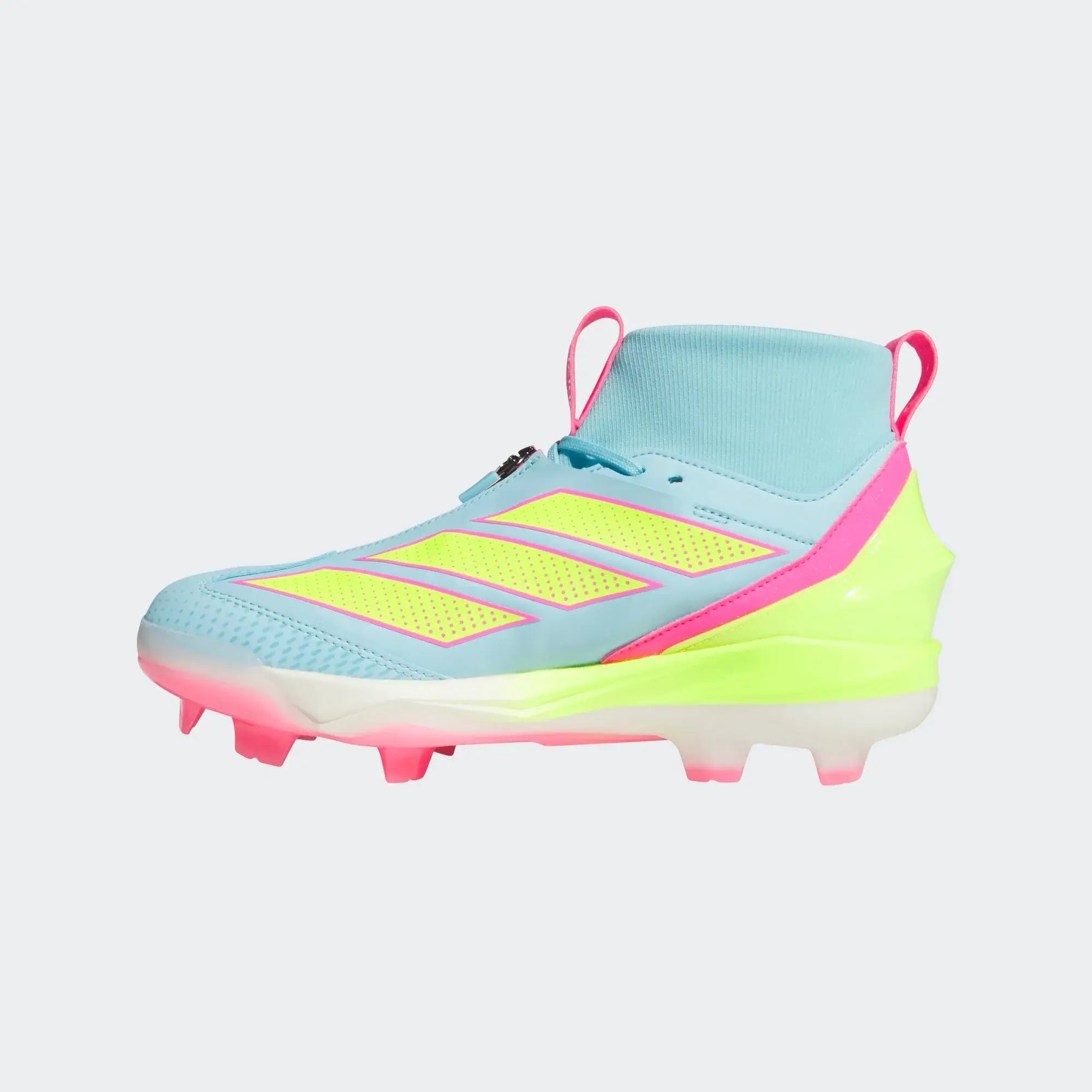 Adidas Adizero Impact+ 2.0 TPU BSB BLIBLU/LUCLEM/LUCPNK cleat side profile, blue and pink with neon green accents, visible stud pattern