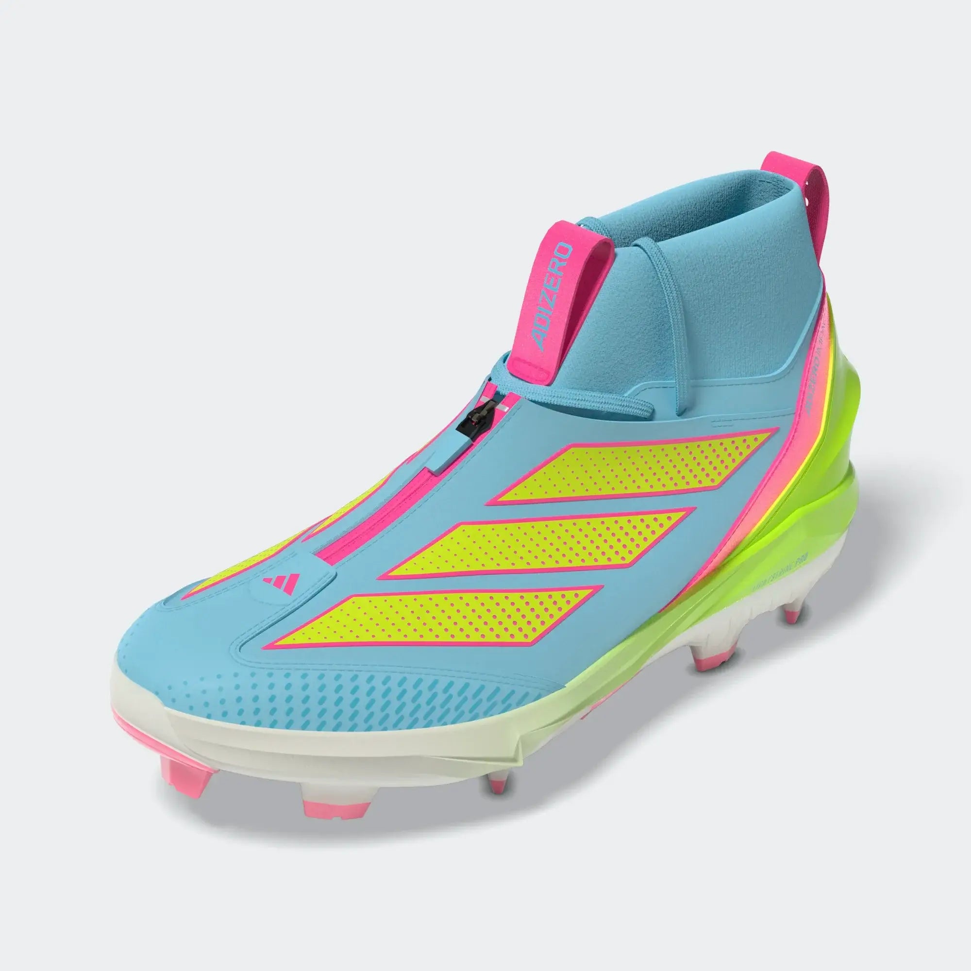 Adidas Adizero Impact+ 2.0 TPU Baseball Cleats Bliss Blue/Lemon/Pink showcasing vibrant design and performance features.