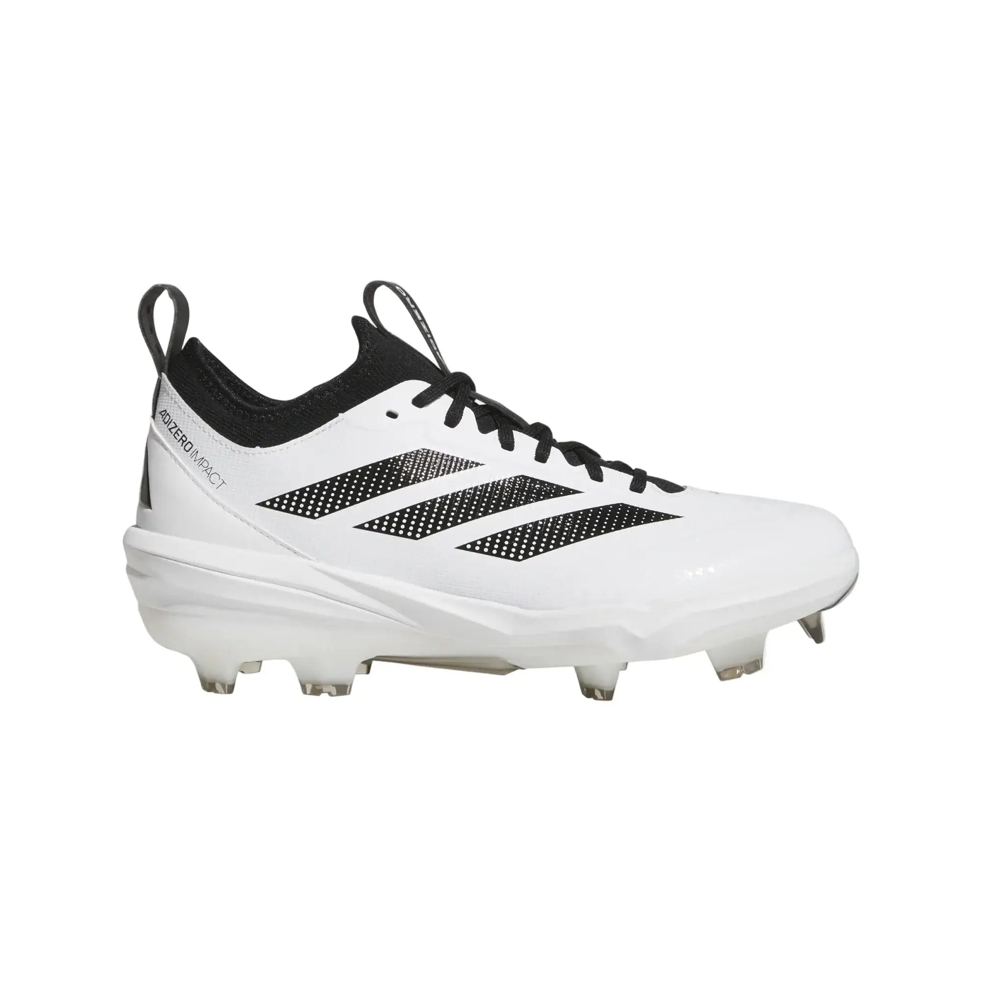 Side profile of Adizero Impact TPU 2.0 Baseball Cleats - White with black laces and three-stripe logo