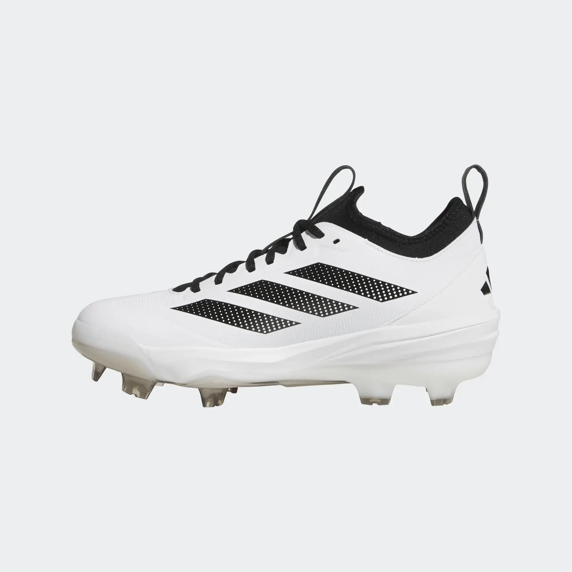 Side view of Adizero Impact TPU 2.0 Baseball Cleats - White with black laces and studs.
