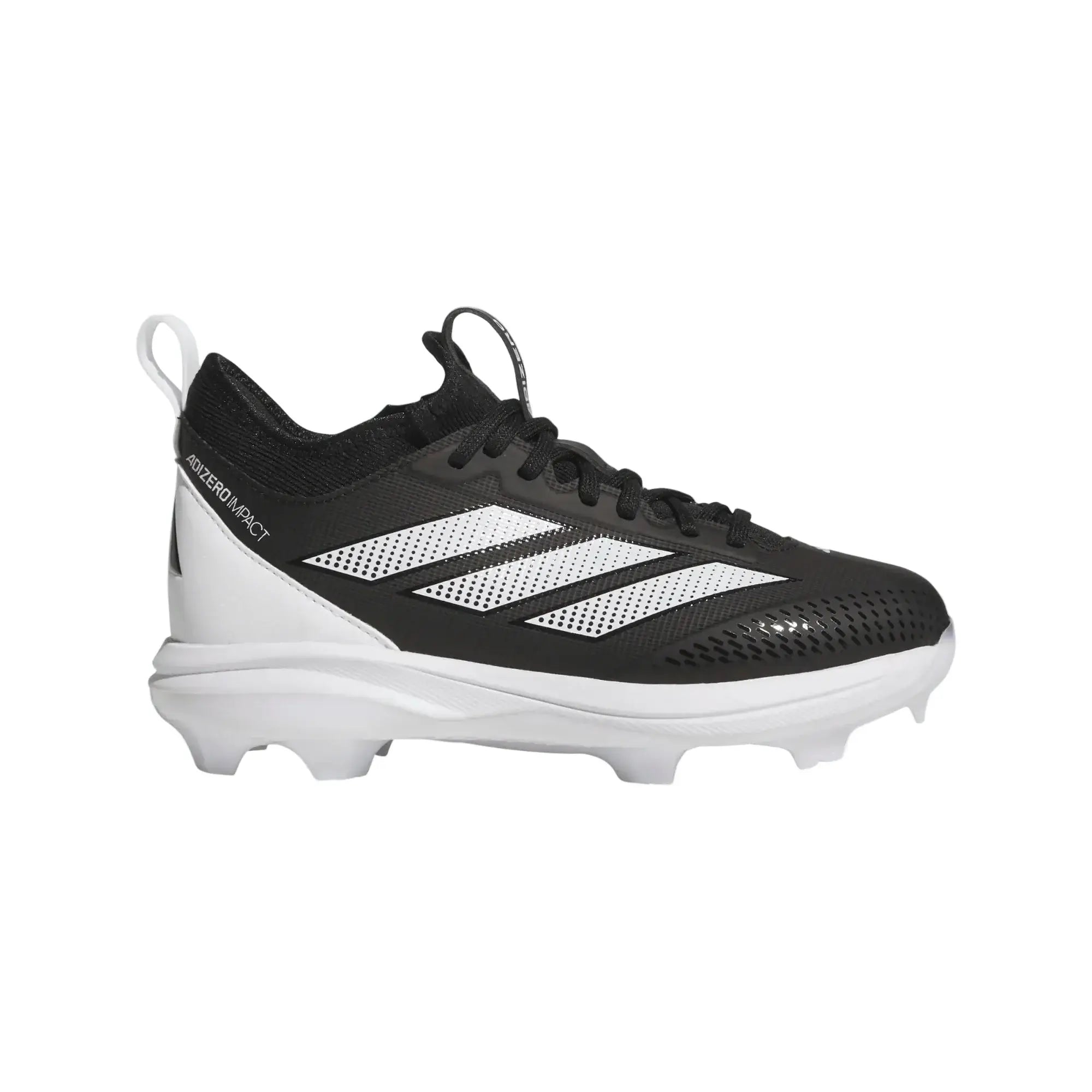 Adizero Impact TPU K 2.0 BSB- Black kids' baseball cleat side profile with white outsole and black synthetic upper.