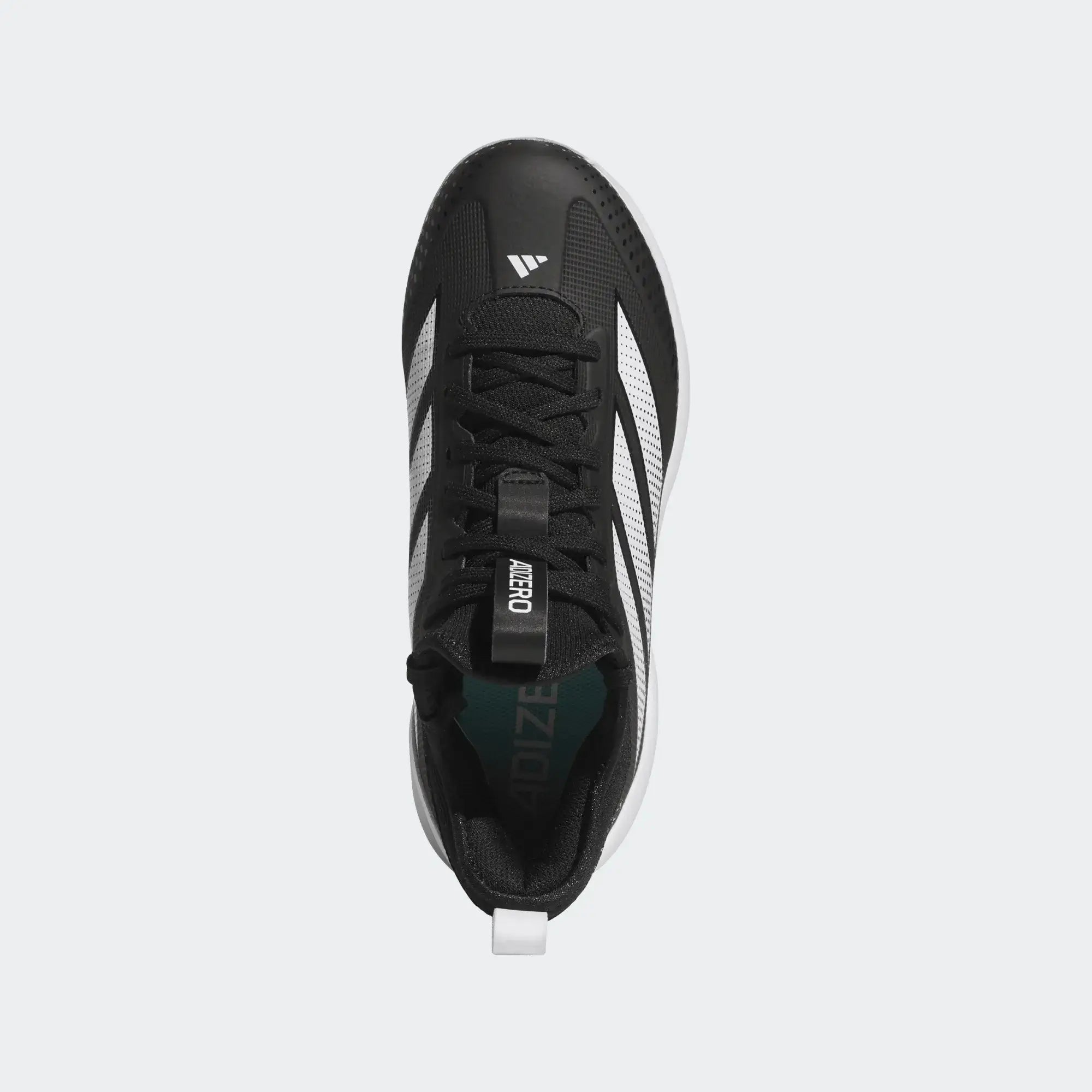 Top view of Adizero Impact TPU K 2.0 BSB- Black baseball cleat showing lacing and logo placement.