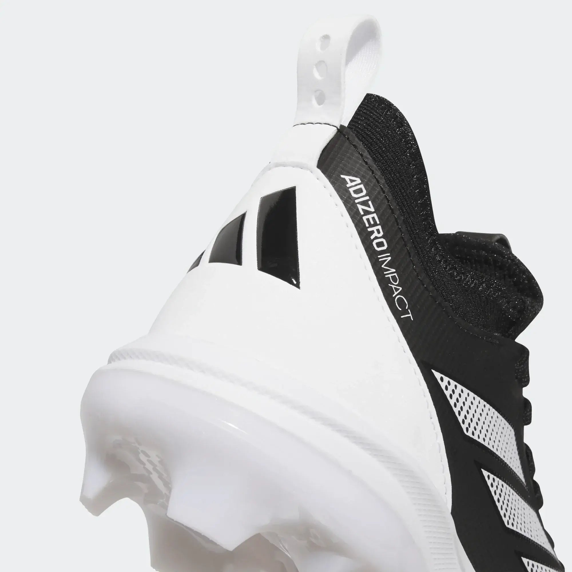 Adizero Impact TPU K 2.0 BSB- Black cleat heel view with logo and black upper detailing.