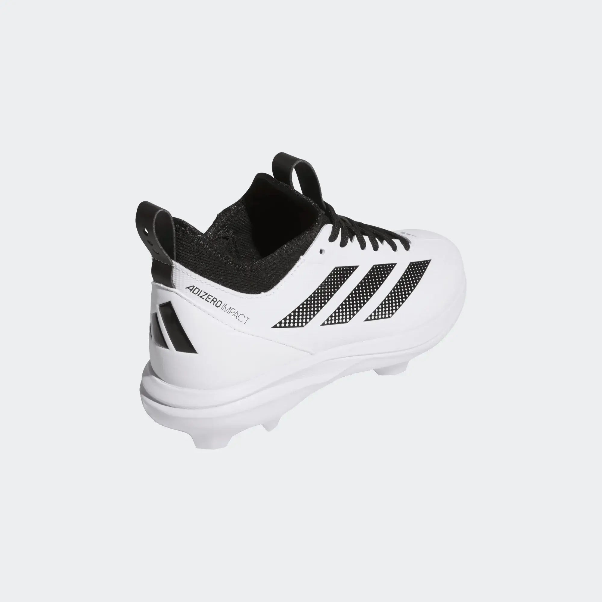 Adizero Impact TPU K 2.0 BSB- White kids' baseball cleats heel view with black graphic detailing and rear branding