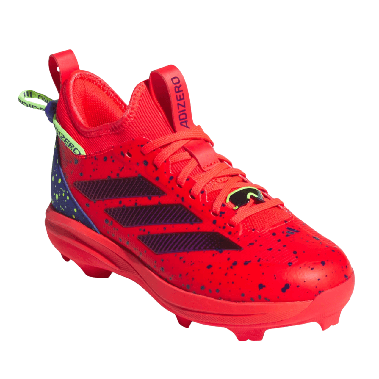 Adidas Adizero Impact TPU Kids Cleats – parallel left side showing vibrant shades with paint splatter and TPU outsole.