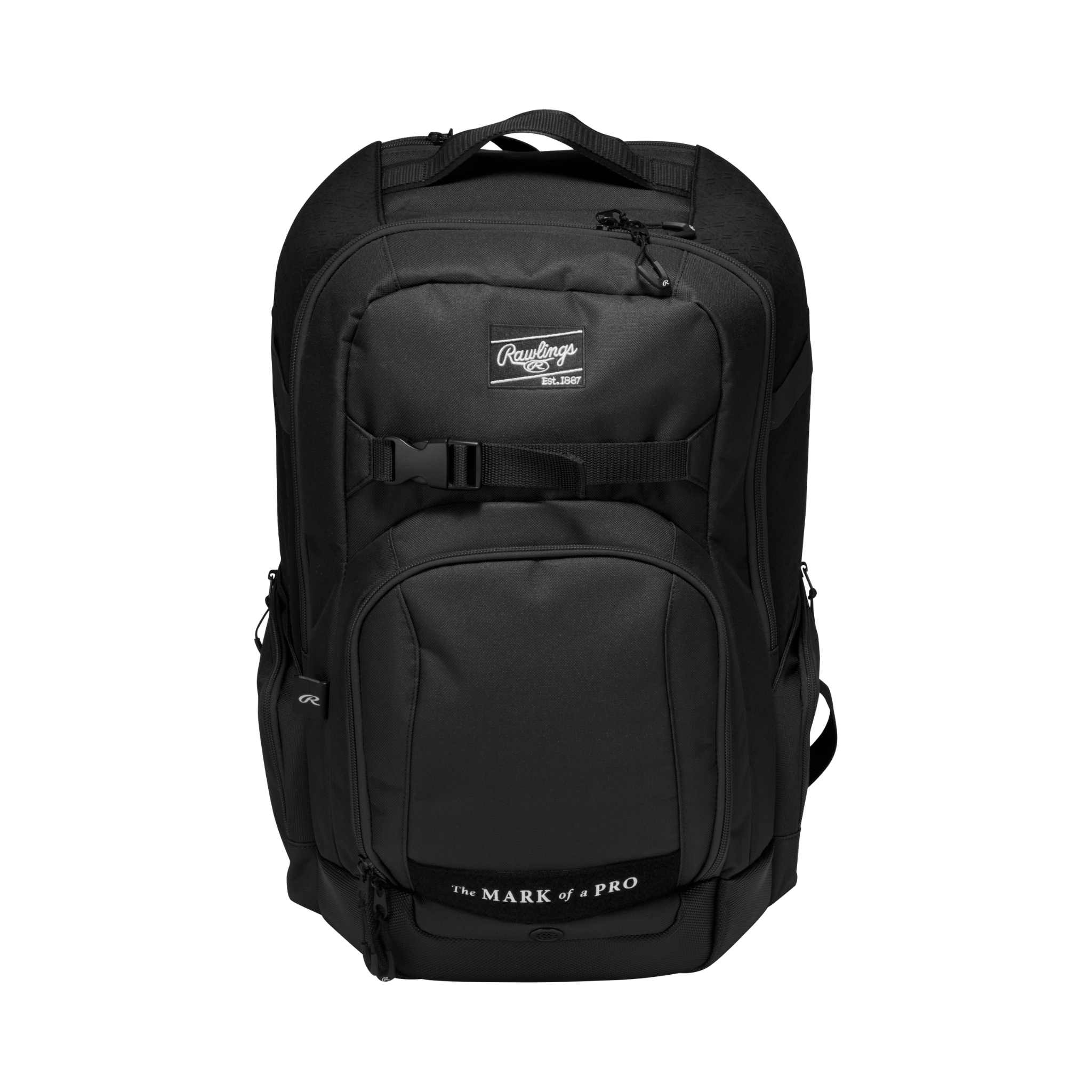 Front view of Rawlings Journey Players Backpack in black with Rawlings logo, bat holders, and glove clip
