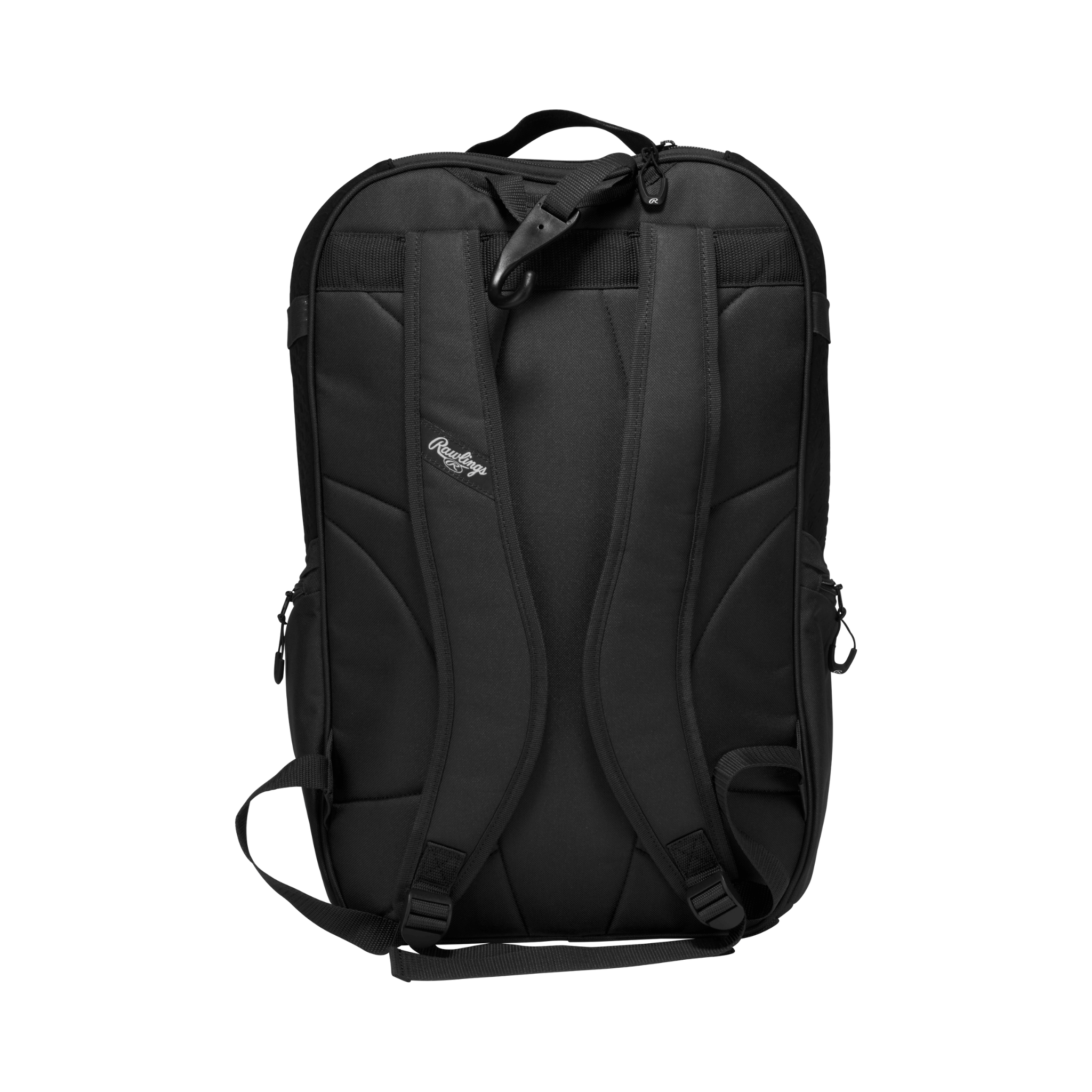 Back of Rawlings Journey Backpack in black showing padded straps and ergonomic support panel