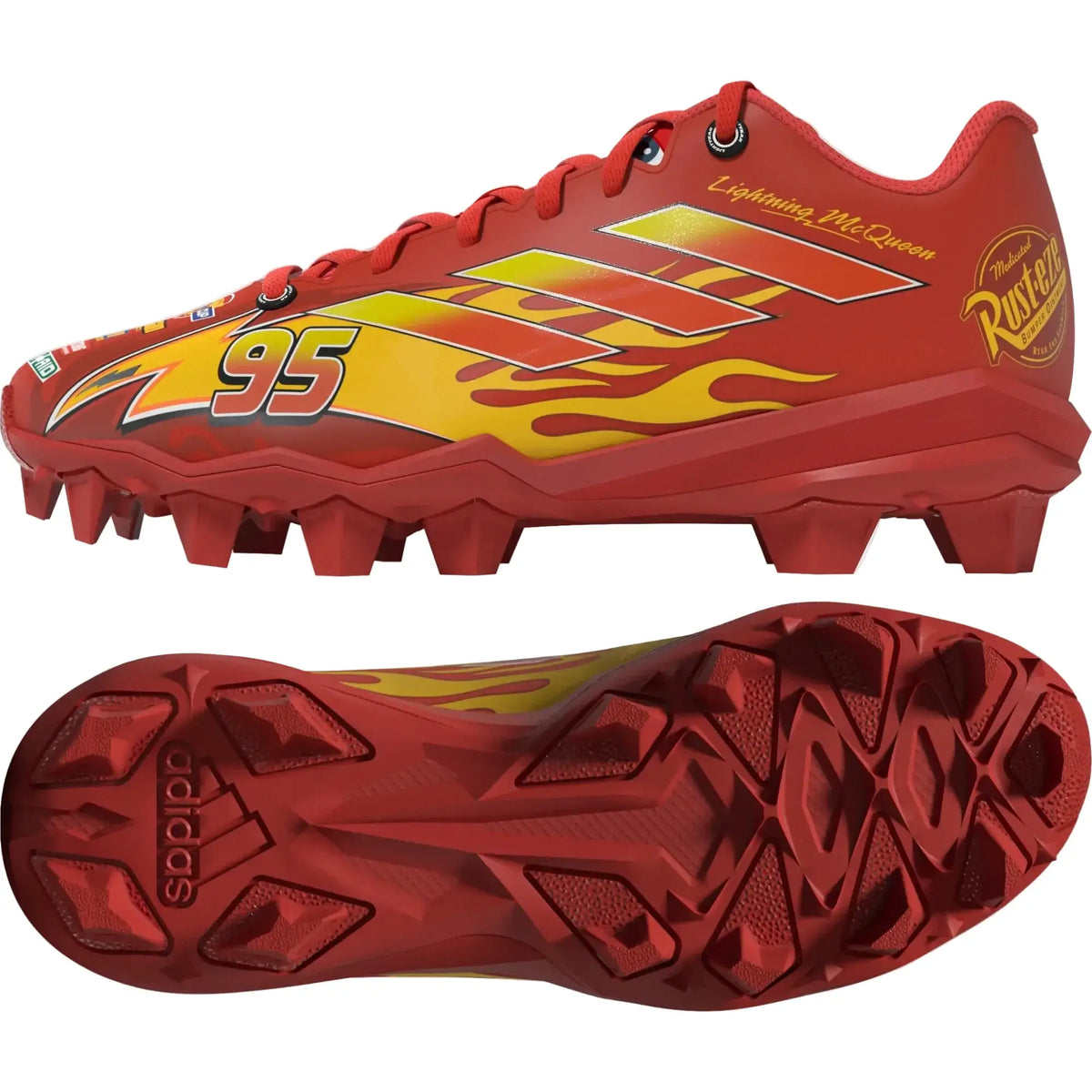 Adidas Adizero Impact Molded Cleat Kids - LUCRED/YELL side and outsole view with red studs, yellow flames, and number 95 graphic.