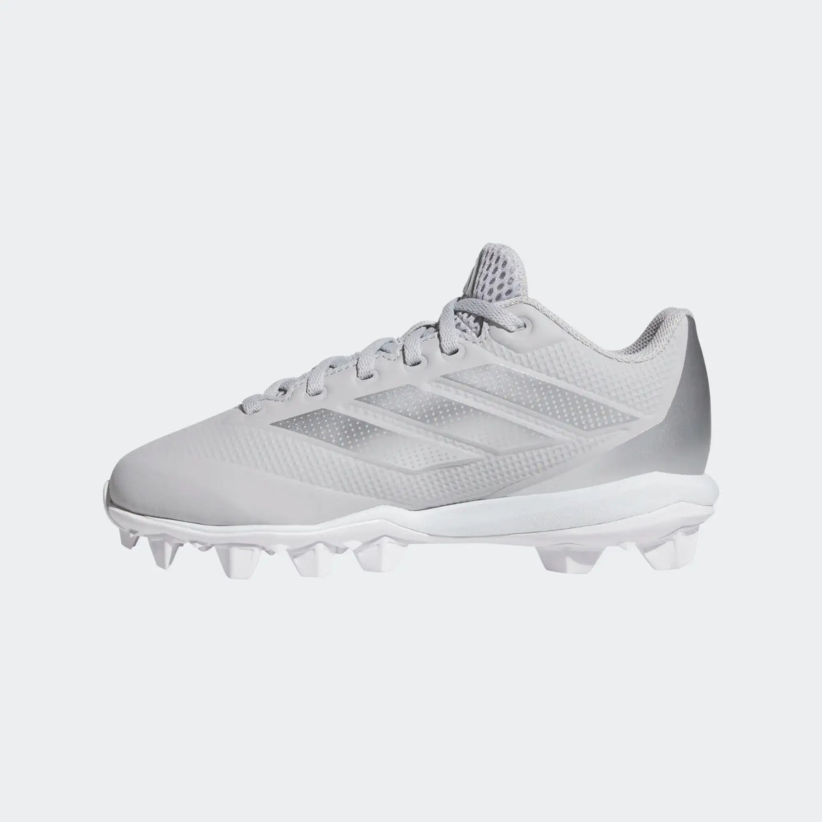 Side profile of Adidas Adizero Impact Molded Cleats Kids - TMLGGR/SILV in grey with visible stud pattern and lacing system.