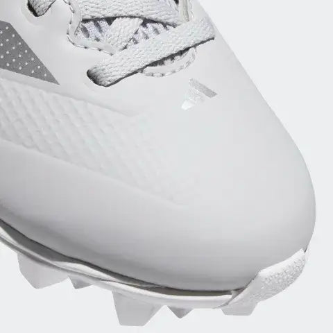 Toe view of Adidas Adizero Impact Molded Cleats Kids - TMLGGR/SILV showing lacing and stud pattern.