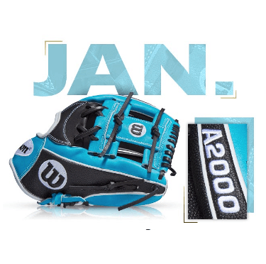 Wilson 100 GOTM January 2020 custom S2000 1787 SS glove in black and turquoise with A2000 branding.