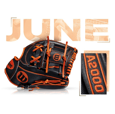 Wilson A2000 1787 glove in black and orange, featuring June design and fan-inspired details for enhanced performance.