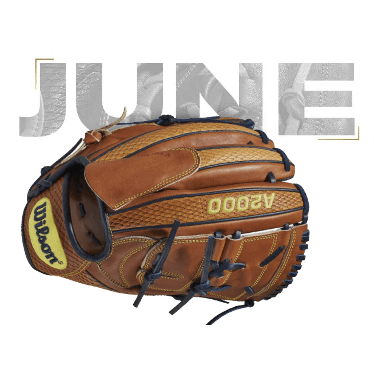 Wilson A2000 B2 glove for Mike Clevinger, June 2019 edition, showcasing a classic brown and yellow design.