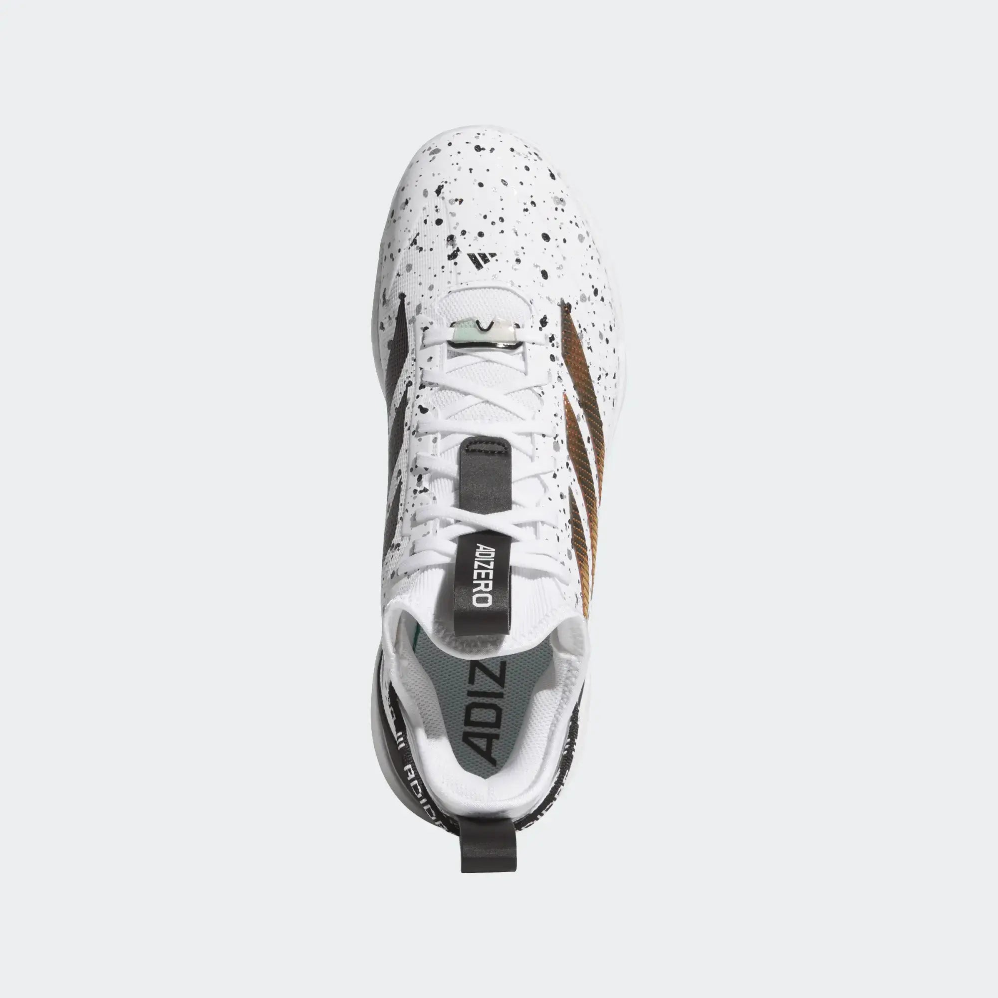 Top view of Adidas Adizero Impact 2.0 TPU Baseball Cleat SHD - White with black speckles and iridescent stripes