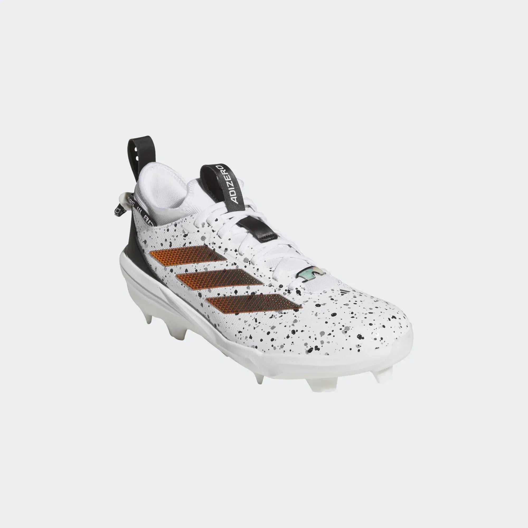 Side profile of Adidas Adizero Impact 2.0 TPU Baseball Cleat SHD - White with black speckle and brown stripes.