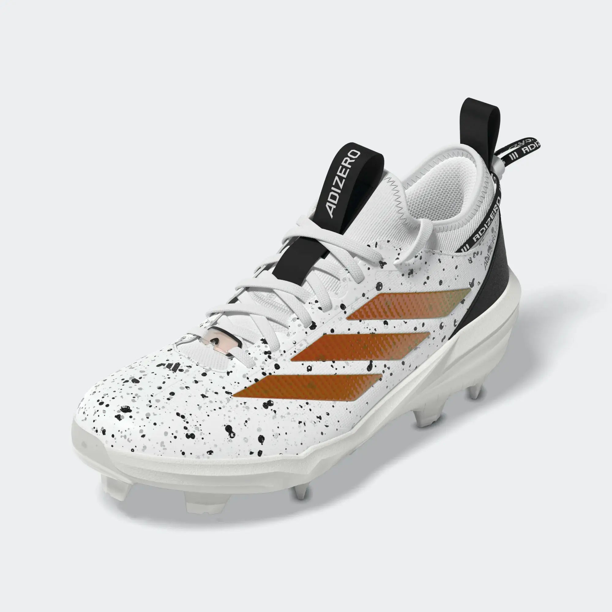 Adidas Adizero Impact 2.0 TPU Baseball Cleat SHD - White, side profile showing white upper with black specks and iridescent stripes.