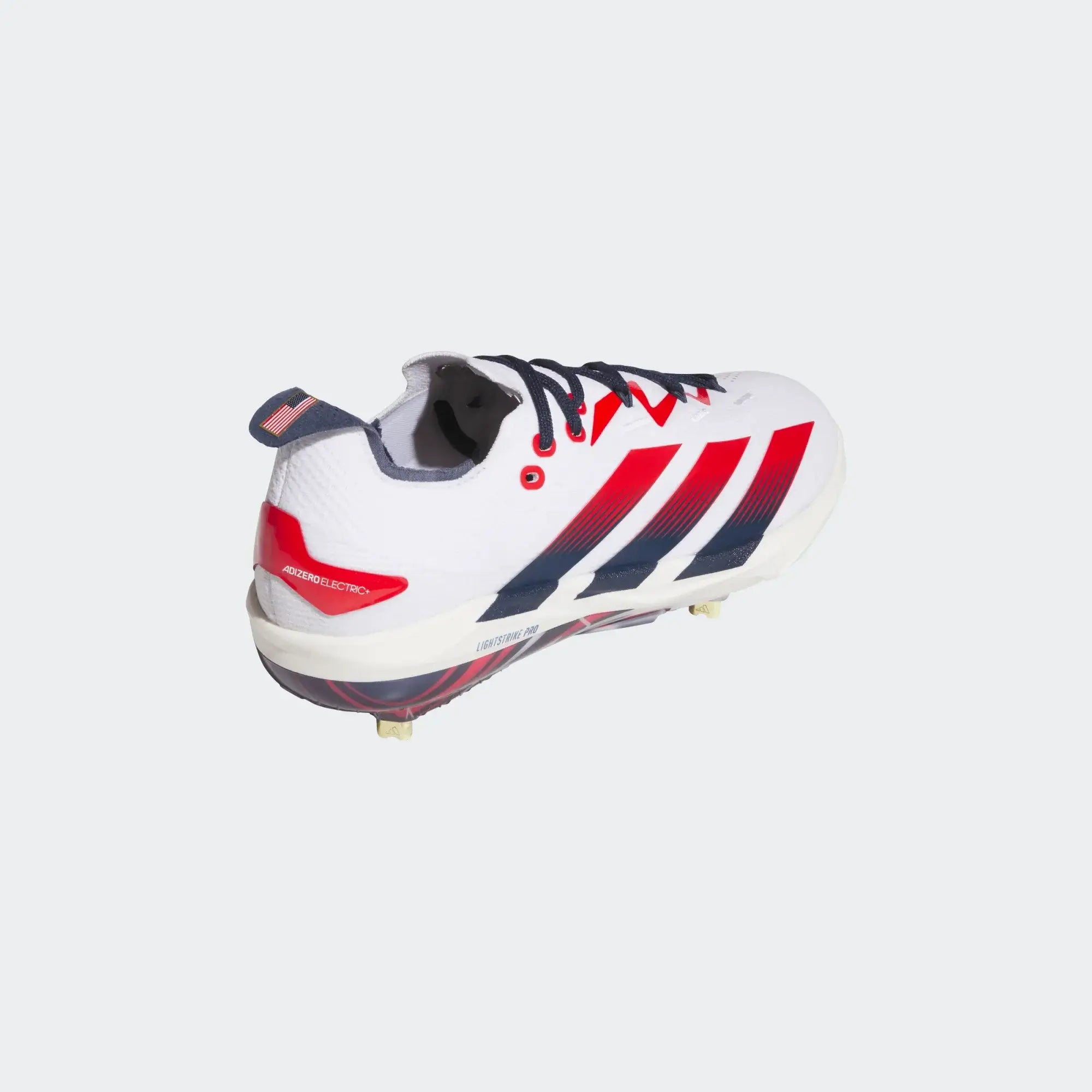Adidas Adizero Electric+ 2.0 BSB USA cleat side profile, FTWWHT/TENABL/TMCORD colors, showing lacing system and heel design.