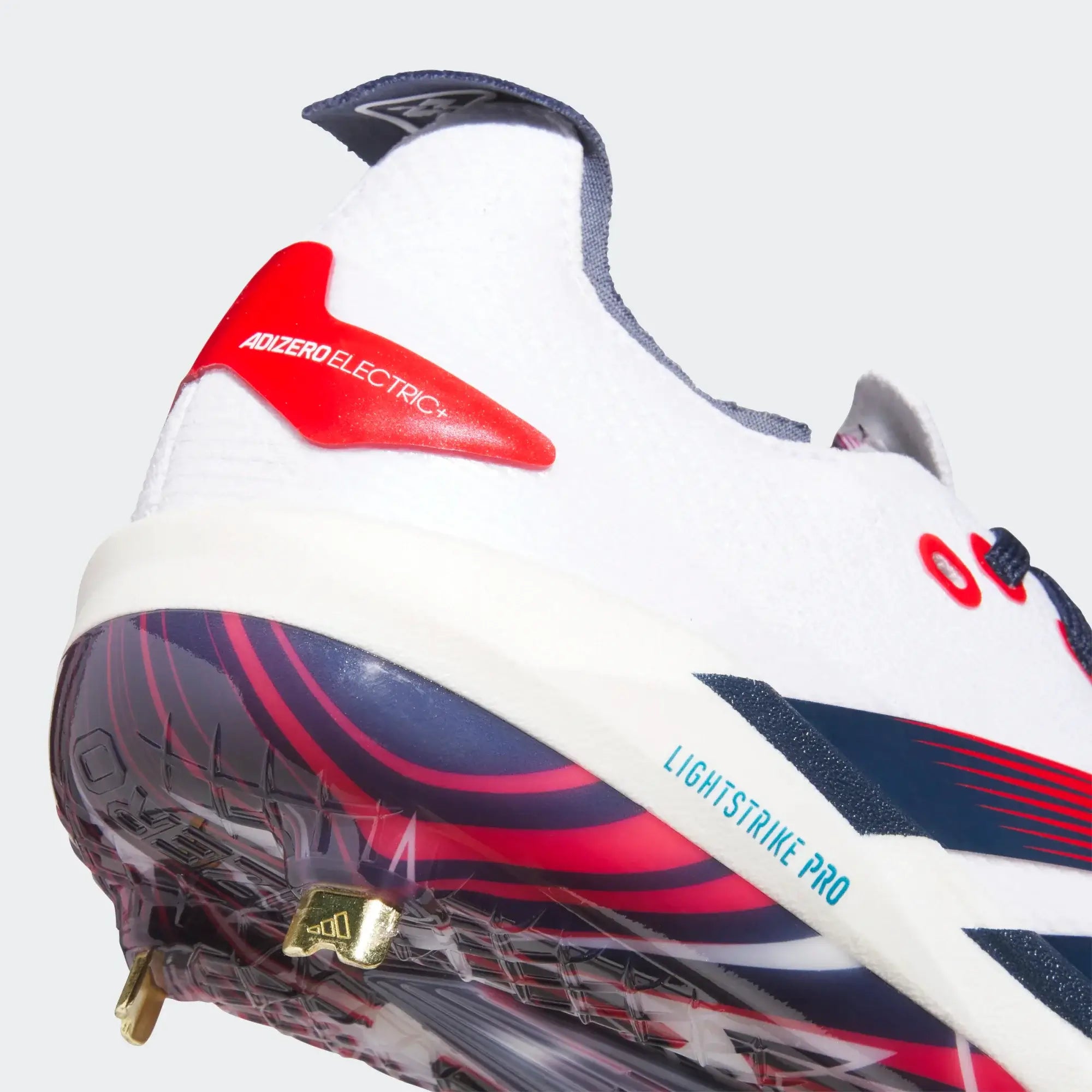 Adidas Adizero Electric+ 2.0 BSB USA FTWWHT/TENABL/TMCORD shoe heel view showcasing outsole design and LightstrikePro technology.